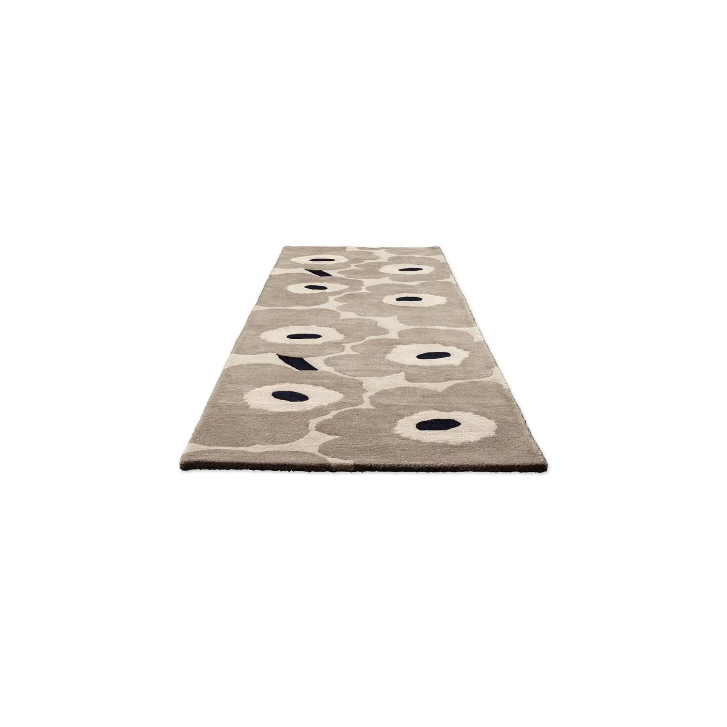Marimekko Unikko Greige 132401 Runner Rug featuring floral pattern in ivory, cream and navy on greige background, tufted wool