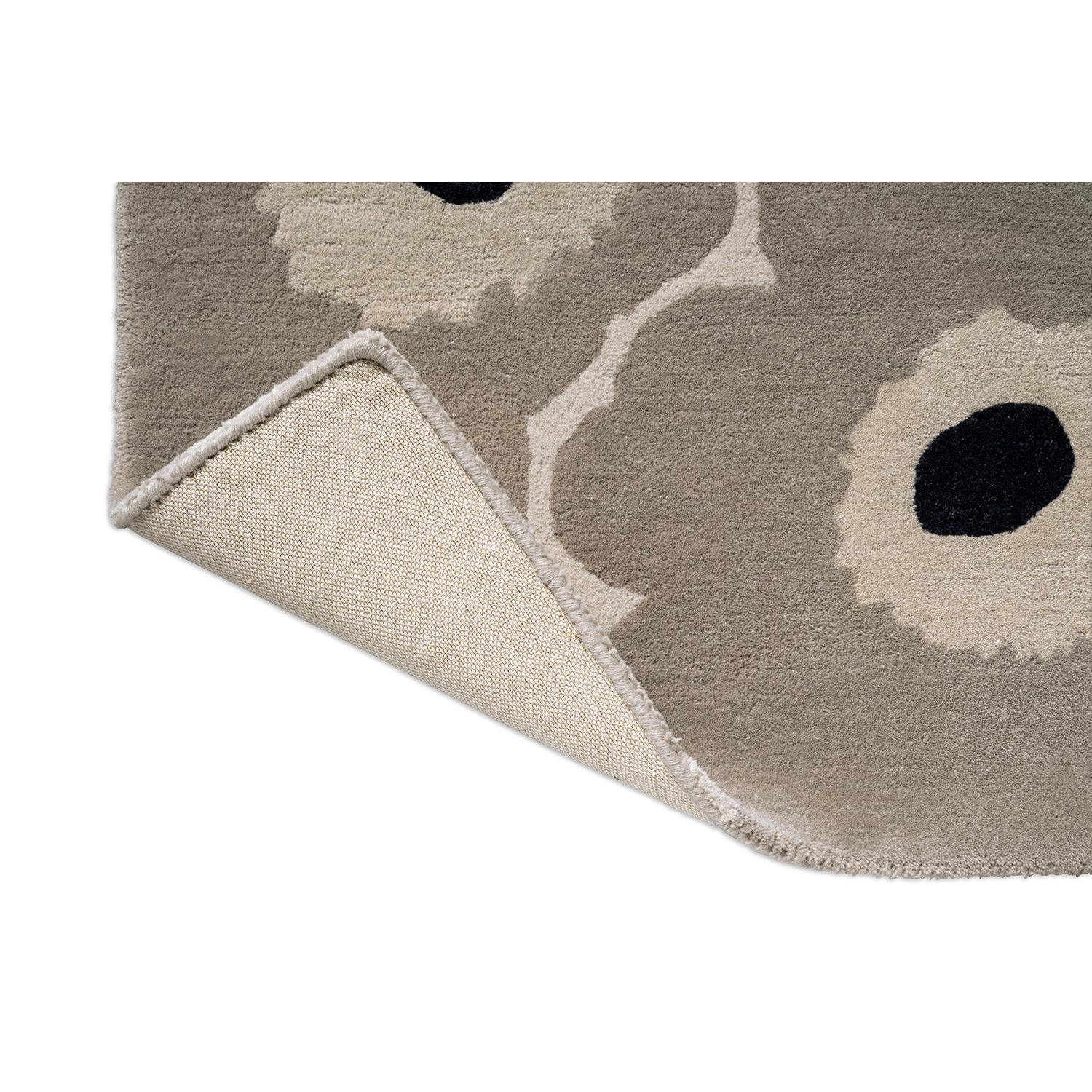 Marimekko Unikko Greige Runner Rug featuring floral pattern in greige with cream petals and taupe accents on beige, power-loomed polyester