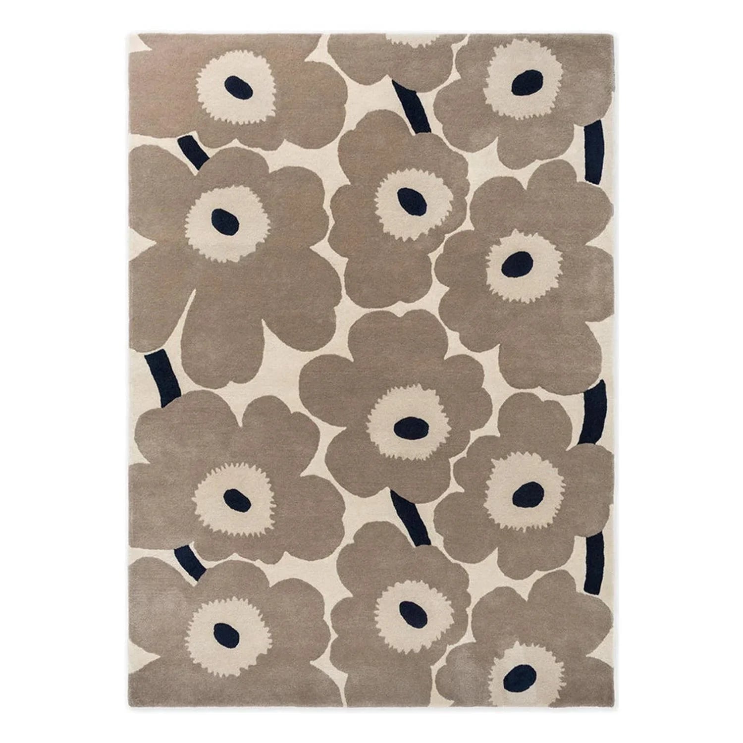 Floral patterned rug with brown and beige flowers on a white background