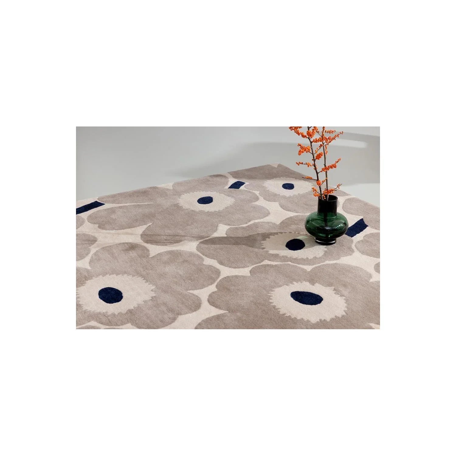 Marimekko Unikko Greige rug featuring floral poppy pattern in beige, taupe and navy on cream background, hand-tufted wool