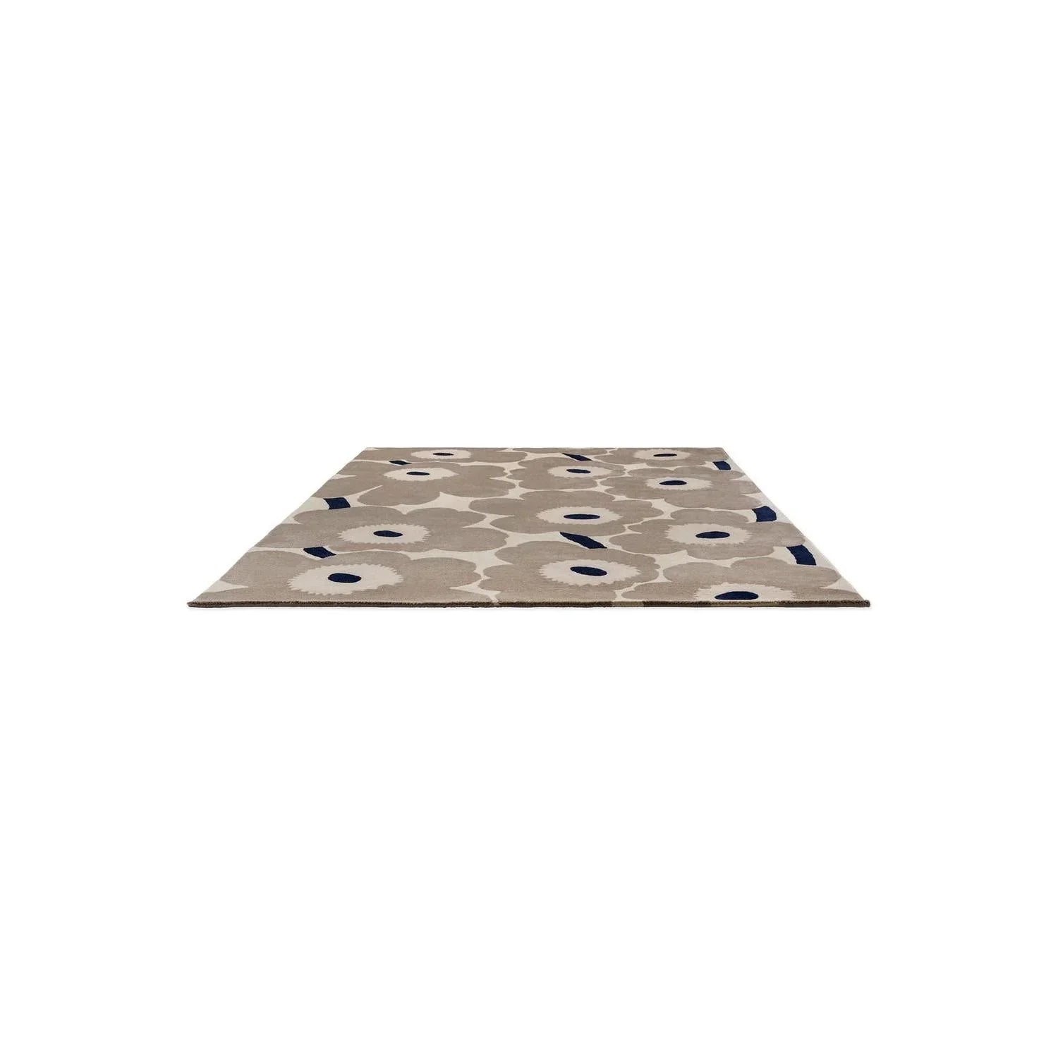 Marimekko Unikko Greige rug featuring large white poppies with navy centres on beige-tan background, hand-tufted wool
