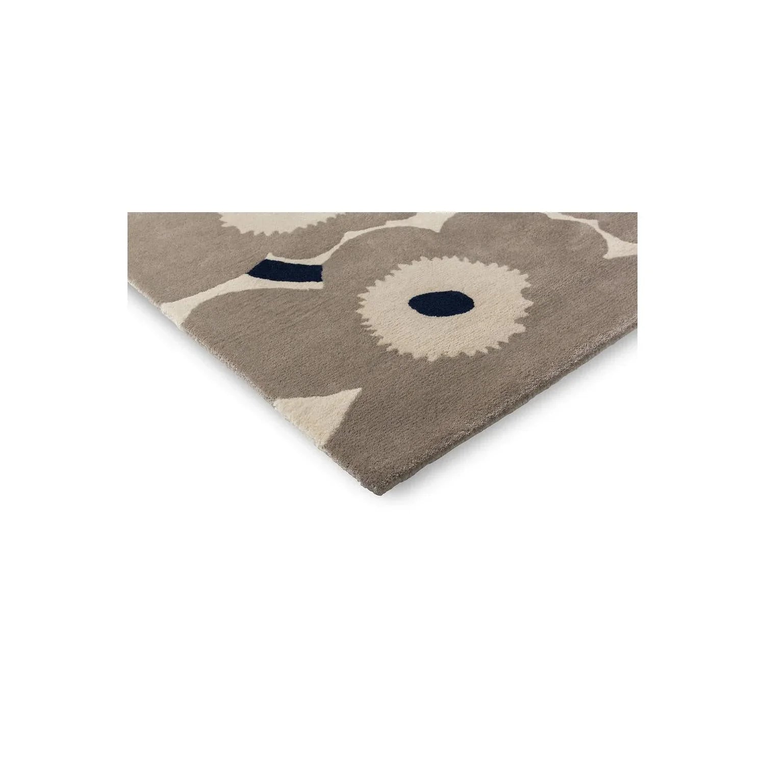 Marimekko Unikko Greige Rug featuring bold poppy pattern in cream and navy on greige background, hand-tufted wool