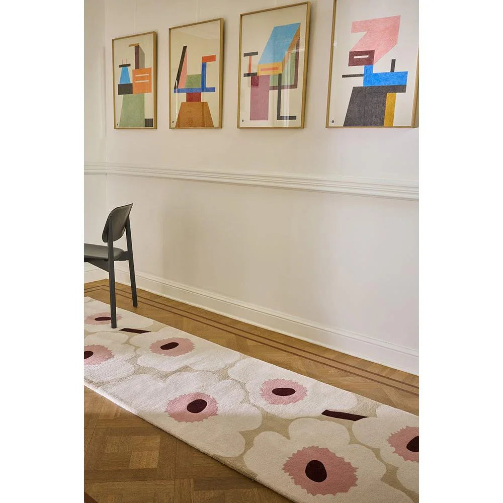 Marimekko Unikko 132402 Runner Rug with floral beige/cream, pink and burgundy on cream base, machine-woven wool