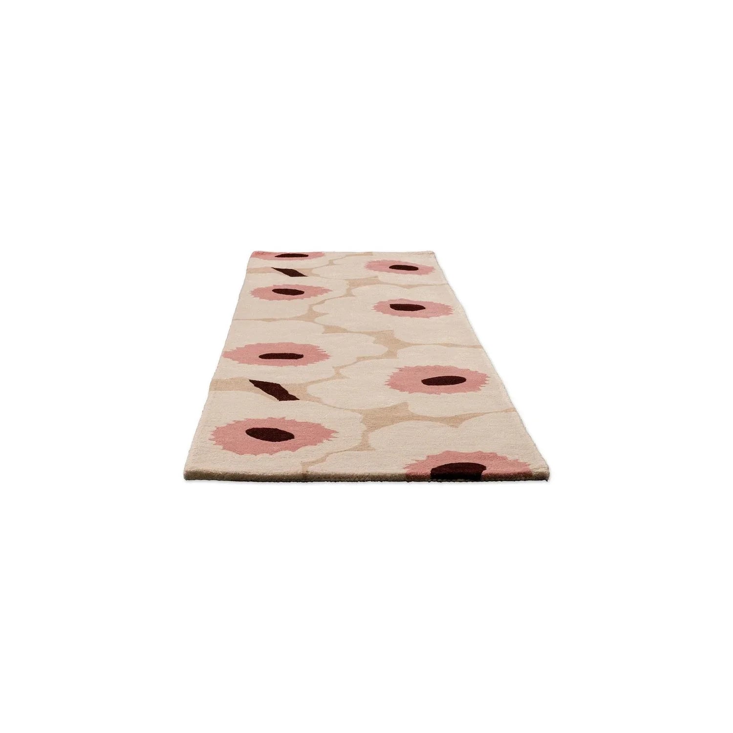 Marimekko Unikko beige pink runner rug with floral poppy pattern in beige, pink, burgundy on beige bg, machine-made wool