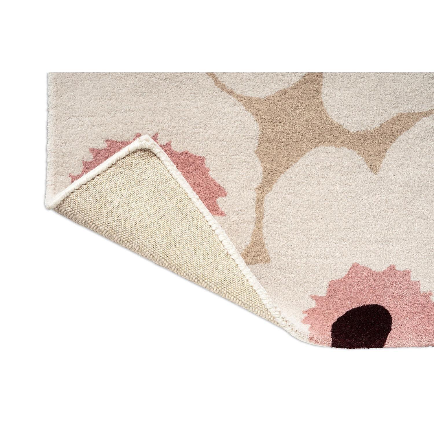 Marimekko Unikko beige pink runner rug floral poppy pattern in beige, pink and tan on cream background, hand-tufted wool