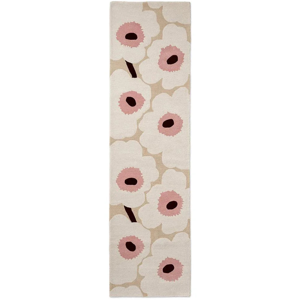 Marimekko Unikko 132402 Runner Rug with floral pattern in cream, blush pink and burgundy on beige background woven wool