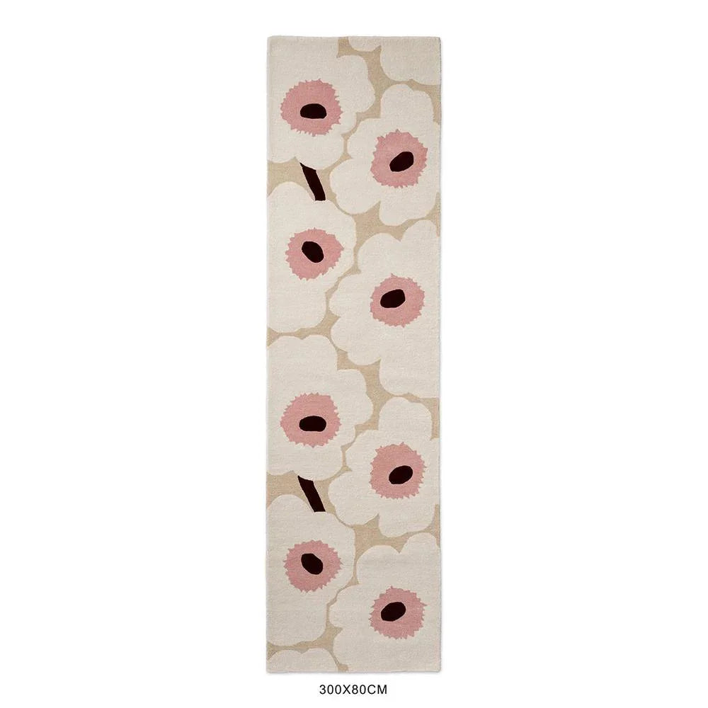 Marimekko Unikko Beige Pink Rug featuring floral poppy pattern in cream, blush pink on beige, power-loomed polyester.