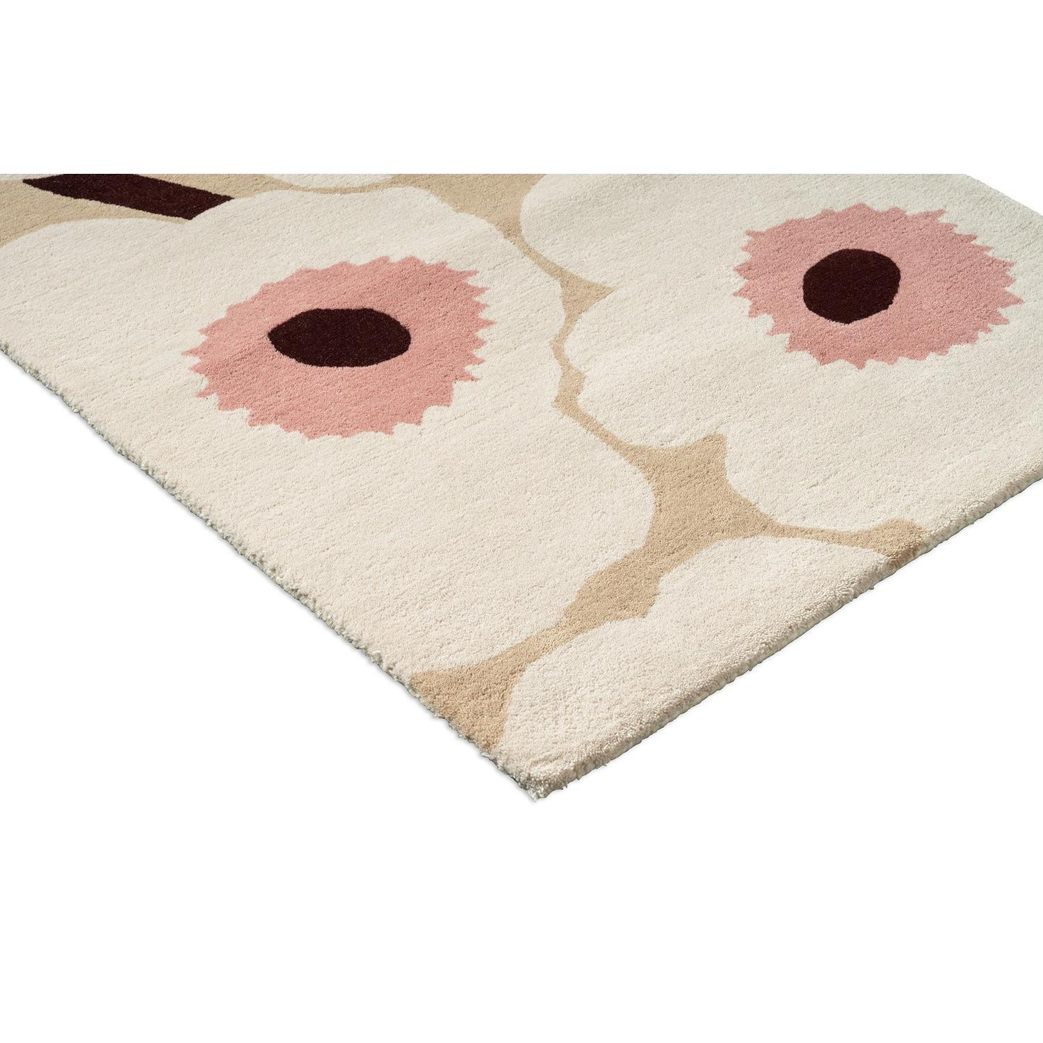 Marimekko Unikko Runner Rug featuring floral poppy in cream background with blush pink and burgundy hand-tufted wool