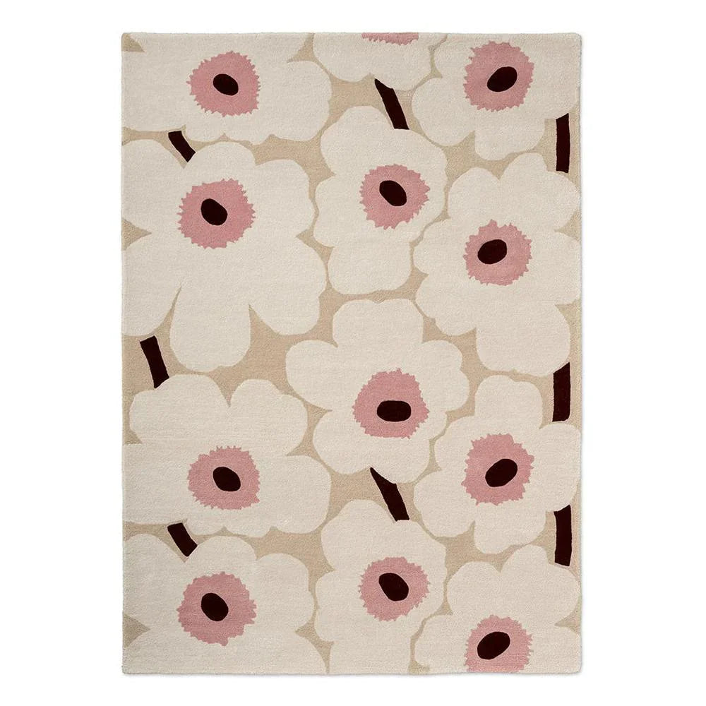 Marimekko Unikko 132402 Rug featuring floral poppy pattern in cream, pink and burgundy on beige, hand-tufted wool