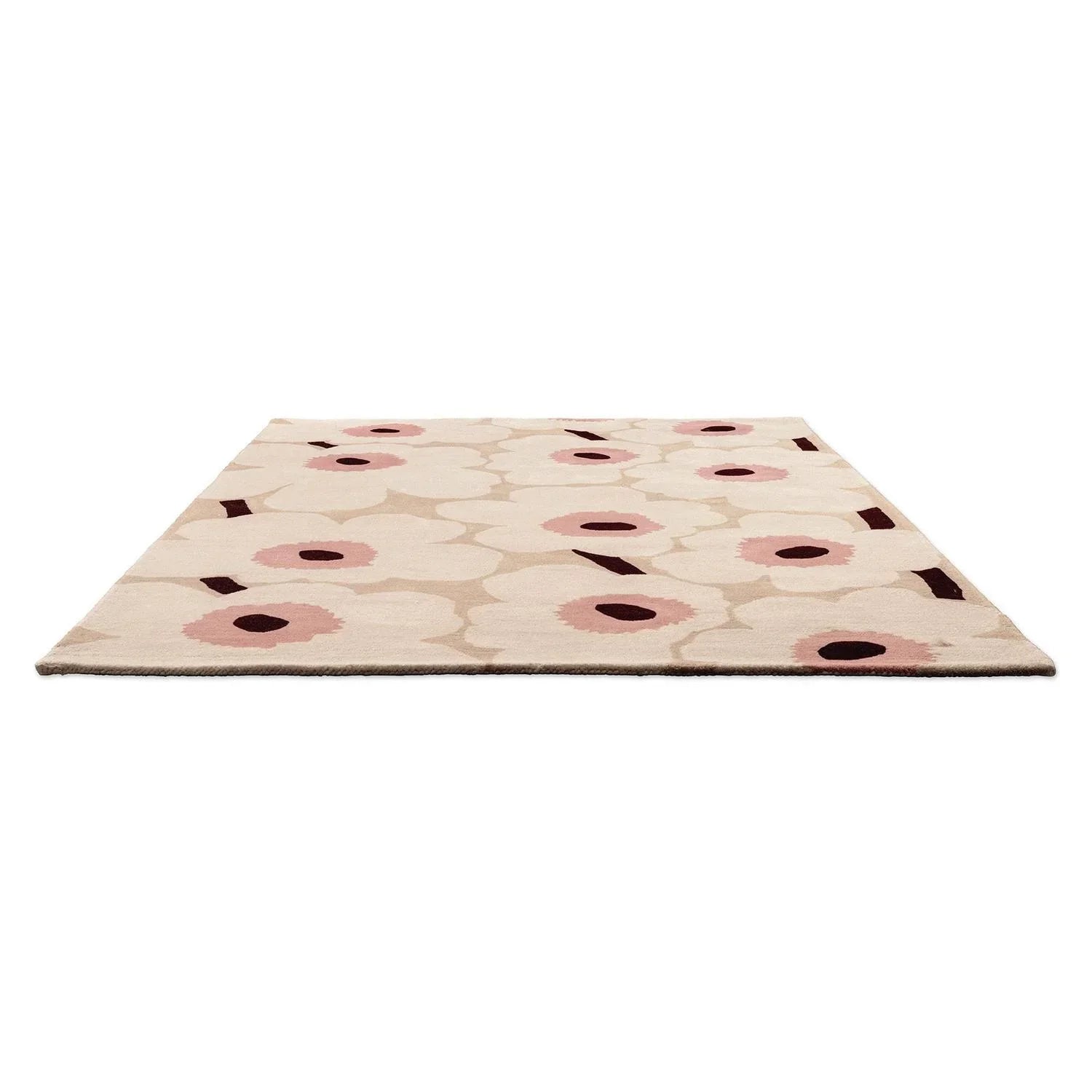 Marimekko Unikko 132402 Rug with floral poppy pattern in beige, blush pink and burgundy on beige backdrop, tufted wool