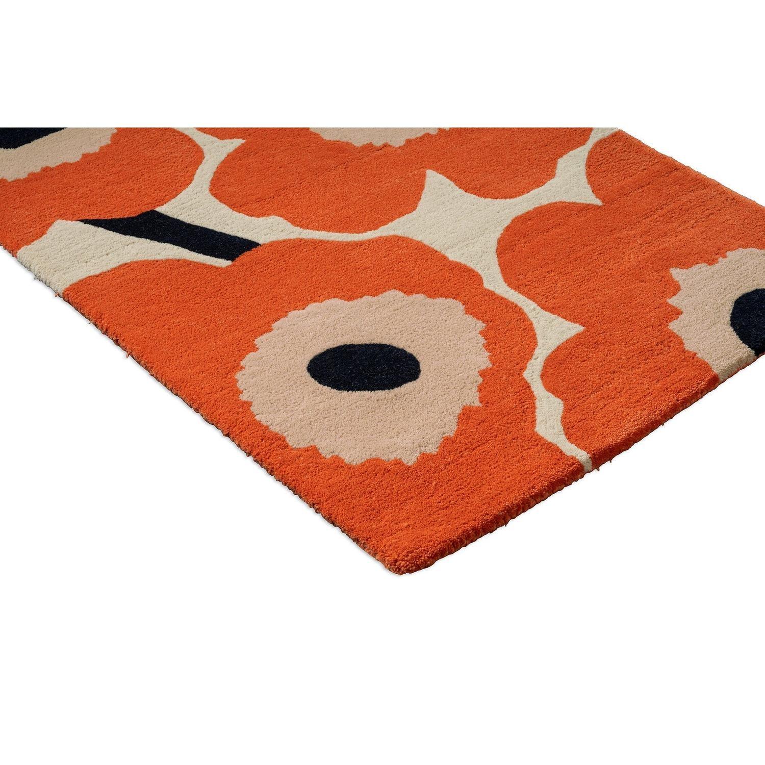 Marimekko Unikko Orange Red Runner Rug featuring floral poppy pattern in orange-red, beige and navy on cream tufted wool