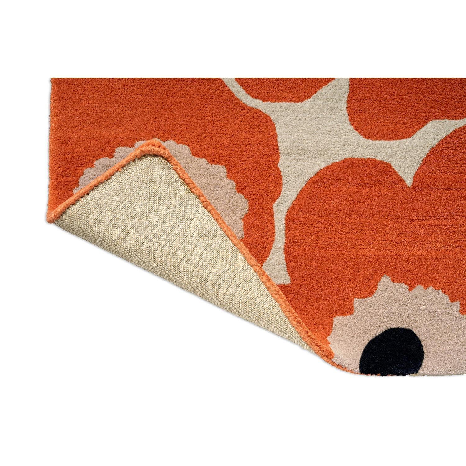 Marimekko Unikko Runner Rug featuring floral pattern in orange, cream, peach and black on orange, machine-made wool