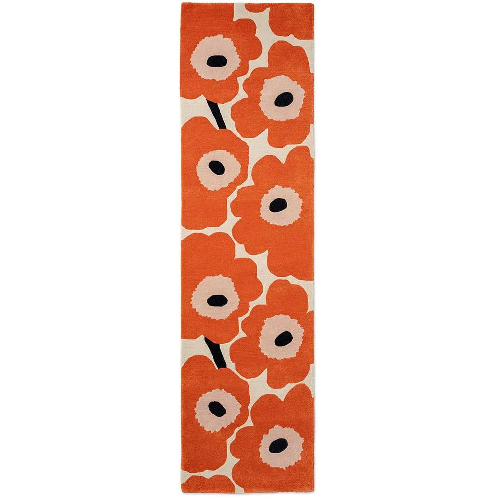Marimekko Unikko Orange Red Runner Rug featuring poppy motif in orange, cream and pink on beige, machine-woven polyester