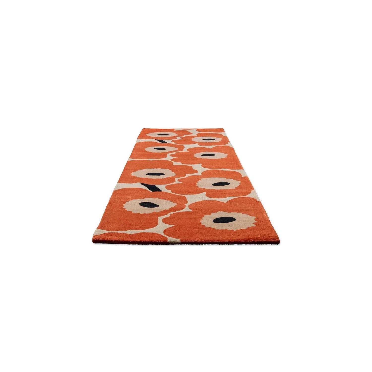 Marimekko Unikko Orange Red 132403 Runner Rug with poppy floral pattern in cream and black on orange, hand-tufted wool