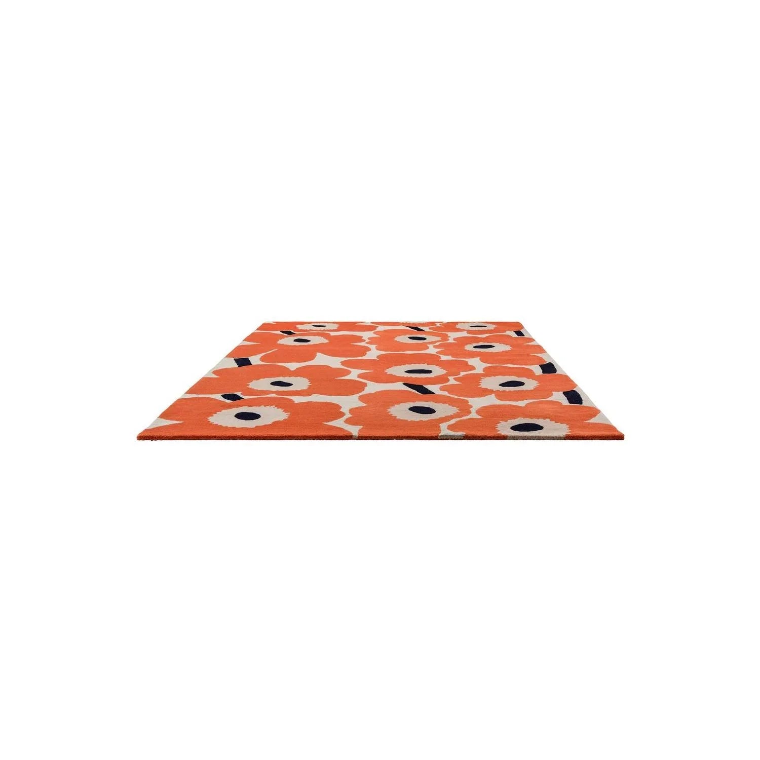 Marimekko Unikko Orange Red Rug with bold floral pattern in orange, cream and navy on light background, hand-tufted wool