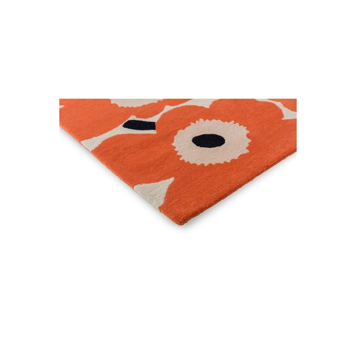 Marimekko Unikko Orange Red Rug featuring bold floral poppy pattern in orange, cream and navy on orange background, hand-tufted wool