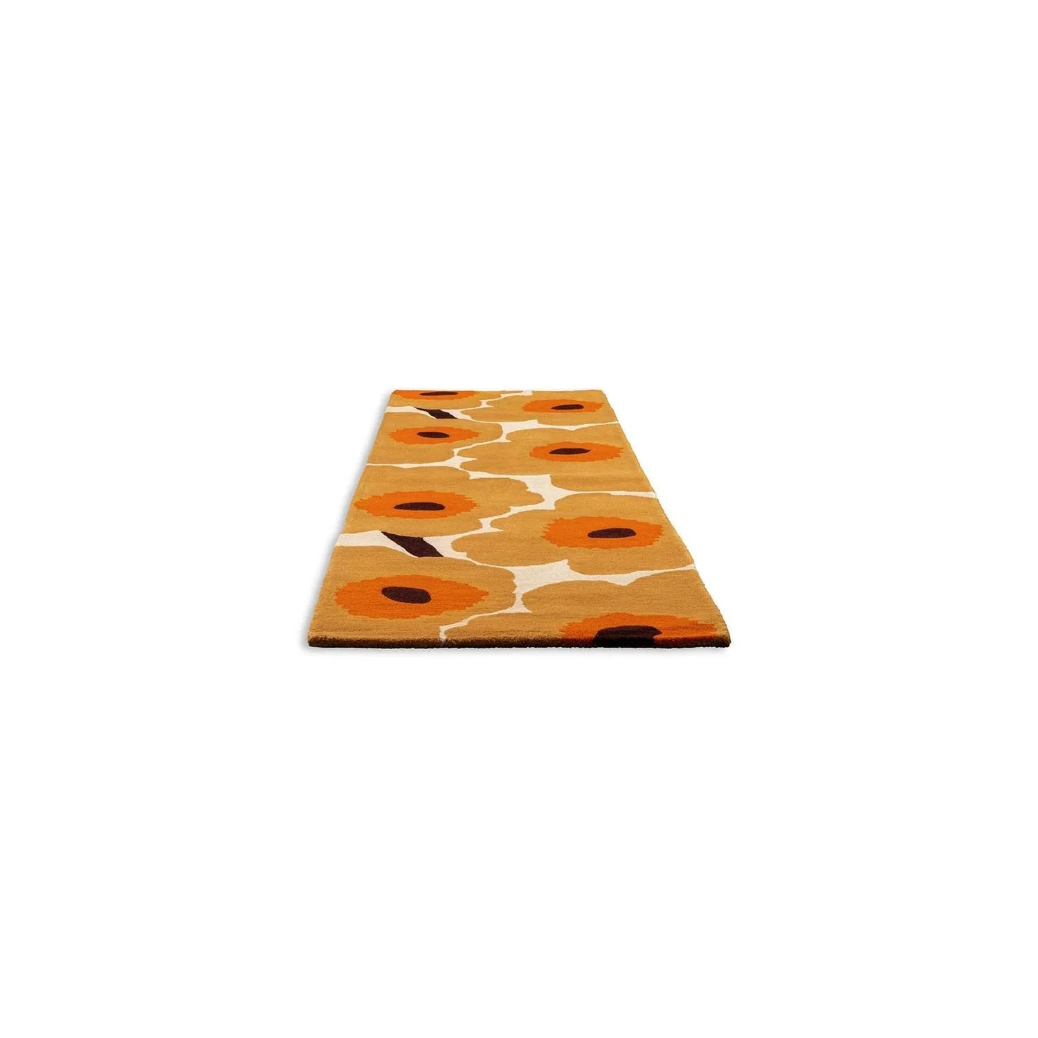 Marimekko Unikko Honey Runner Rug featuring orange, cream, white and dark brown flowers on honey background, woven wool