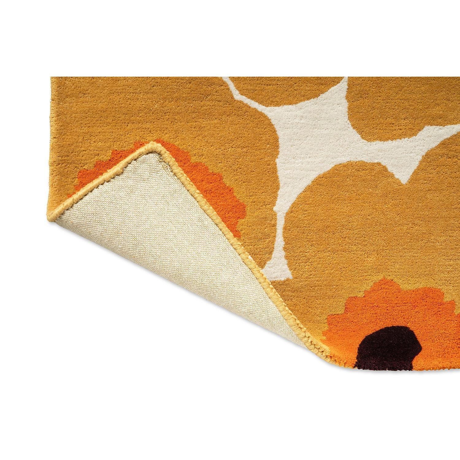 Marimekko Unikko Honey 132406 Runner Rug featuring poppy in orange white and cream on amber backdrop machine-woven wool