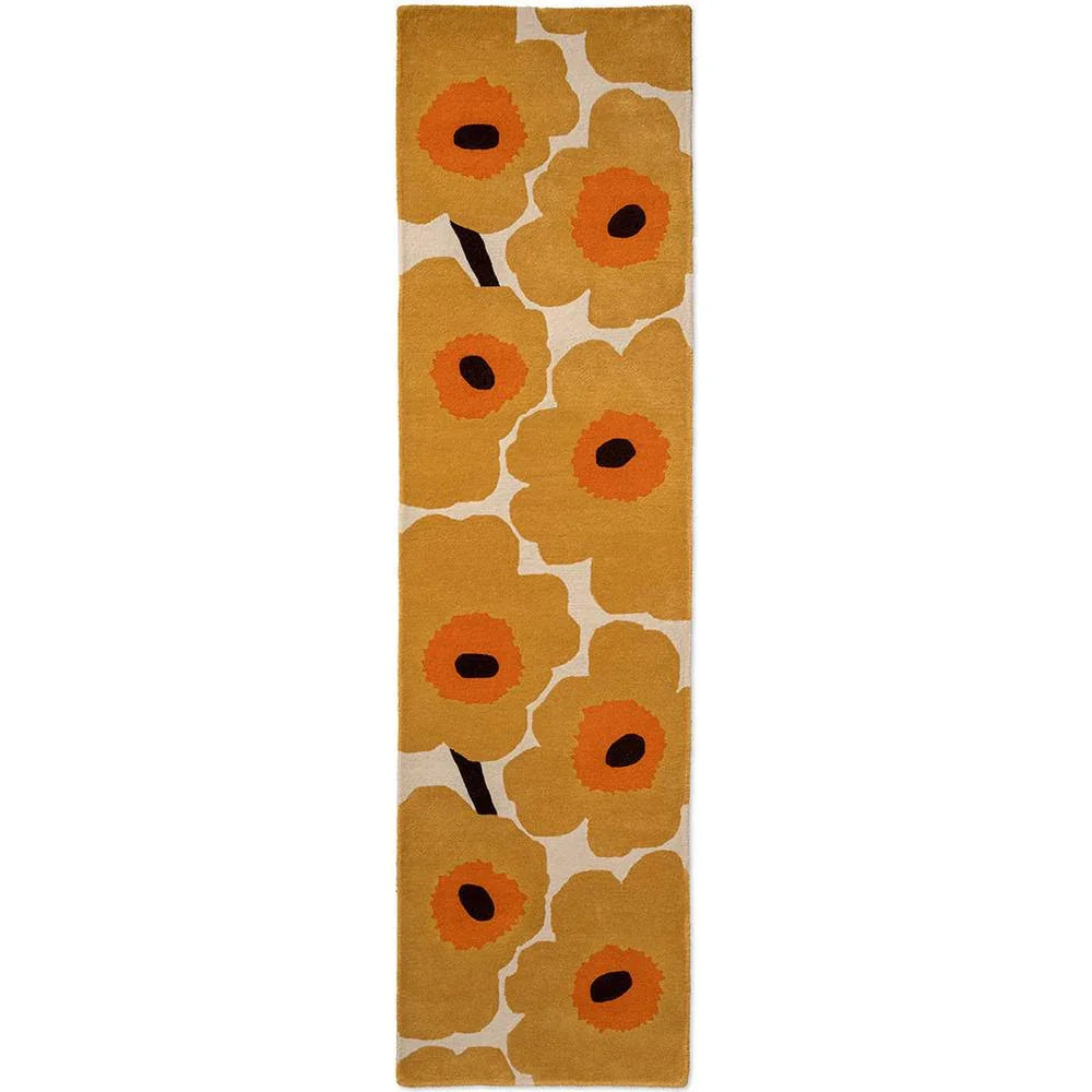 Marimekko Unikko Honey runner rug with floral poppies in mustard yellow, orange and black on cream, hand-tufted wool