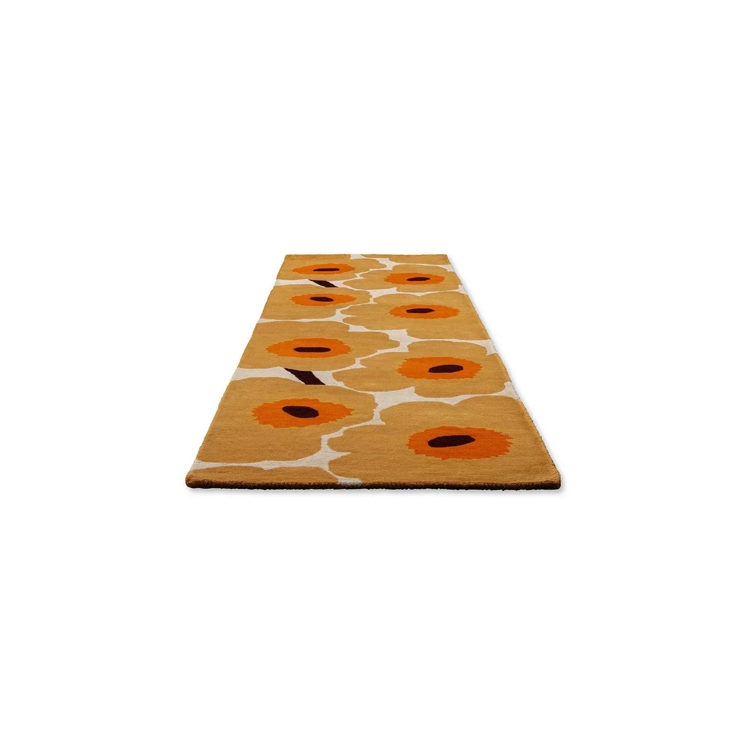 Marimekko Unikko Honey Runner Rug featuring floral motif on honey-yellow with orange petals and white stems, tufted wool