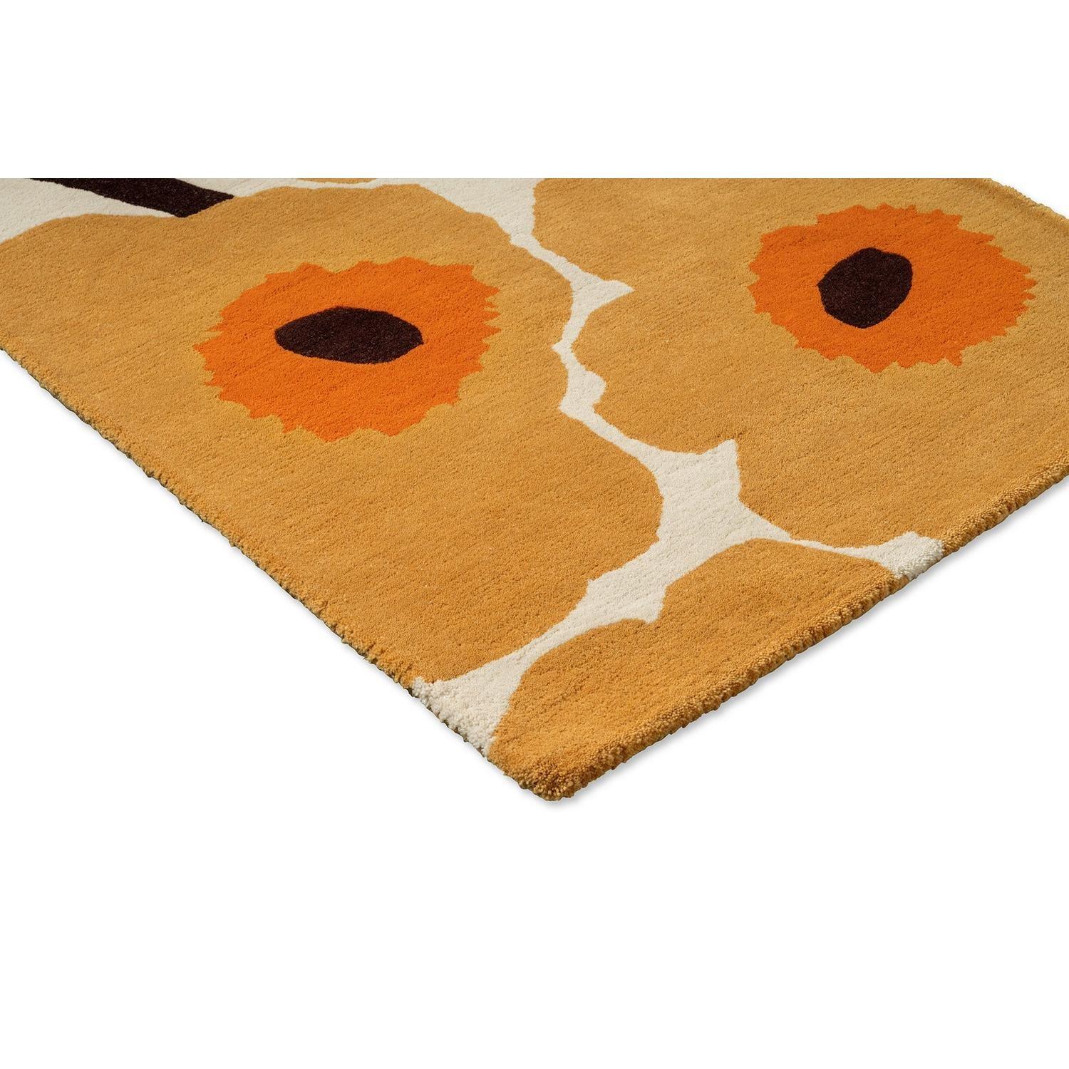Marimekko Unikko Honey Runner Rug with floral poppies in honey yellow, orange and brown on cream, hand-tufted wool