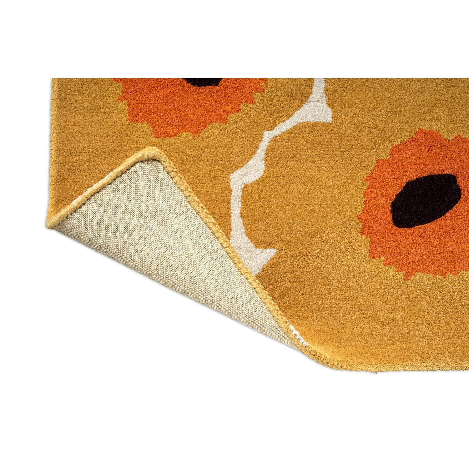 Marimekko Unikko Honey 132406 Rug featuring poppy pattern in mustard, white and black on honey handtufted wool