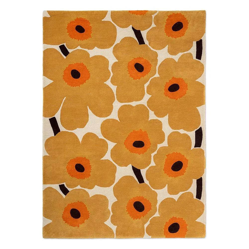 Marimekko Unikko Honey 132406 Rug with floral pattern in honey yellow, orange and black on cream background, tufted wool