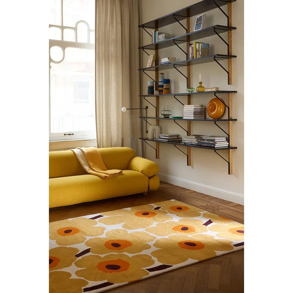 Marimekko Unikko Honey 132406 Rug featuring bold floral poppy in honey yellow, orange and cream on ivory, woven wool