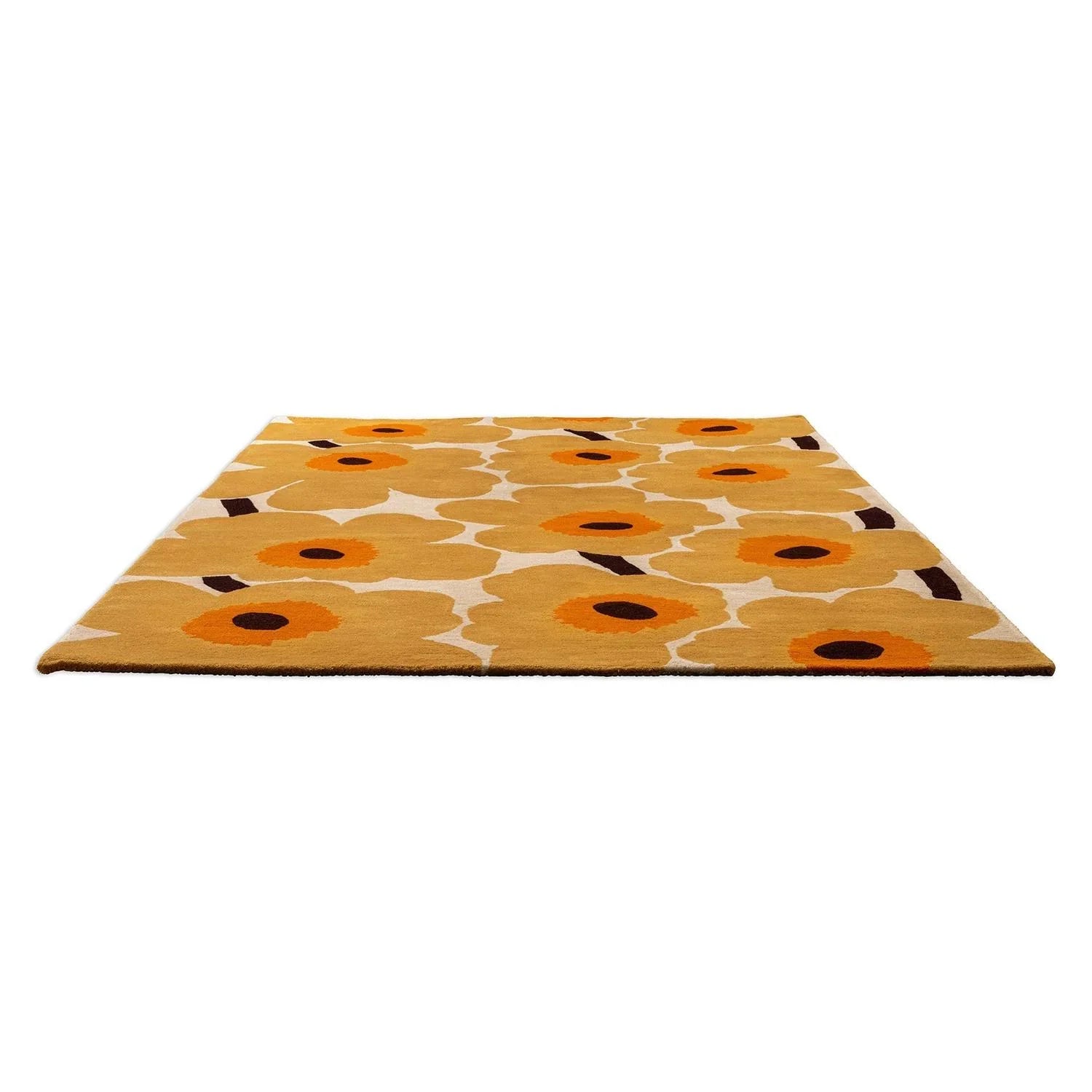 Marimekko Unikko Honey 132406 Rug featuring floral pattern in honey background with mustard petals and orange centers, hand-tufted wool