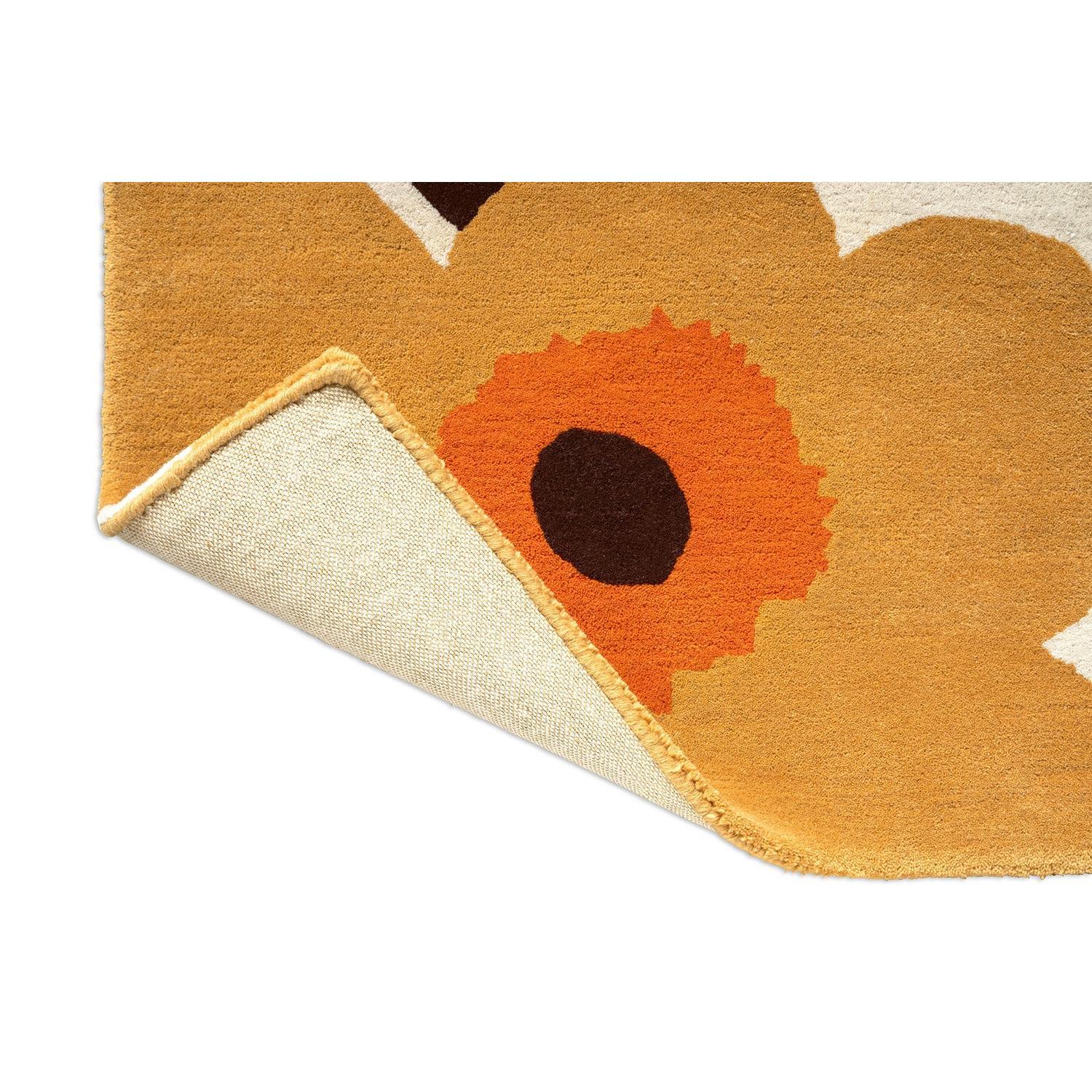 Marimekko Unikko Honey 132406 Rug featuring floral poppy in honey and orange with dark brown center, hand-tufted wool
