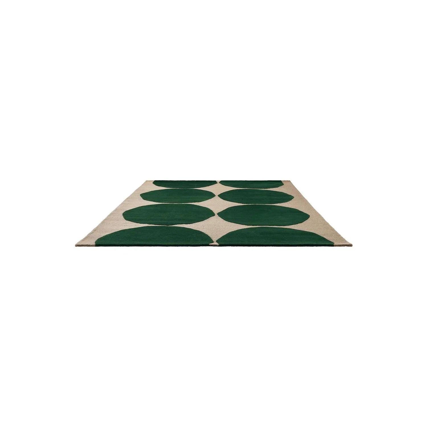 Marimekko Isot Kivet Green Designer Rug featuring circular geometric pattern in dark emerald green on natural beige background, hand-tufted wool