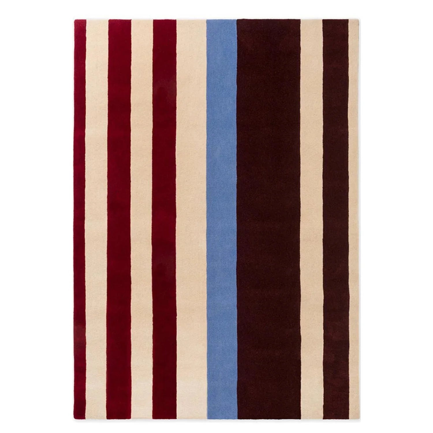Striped rug with red, blue, and brown vertical stripes on a white background