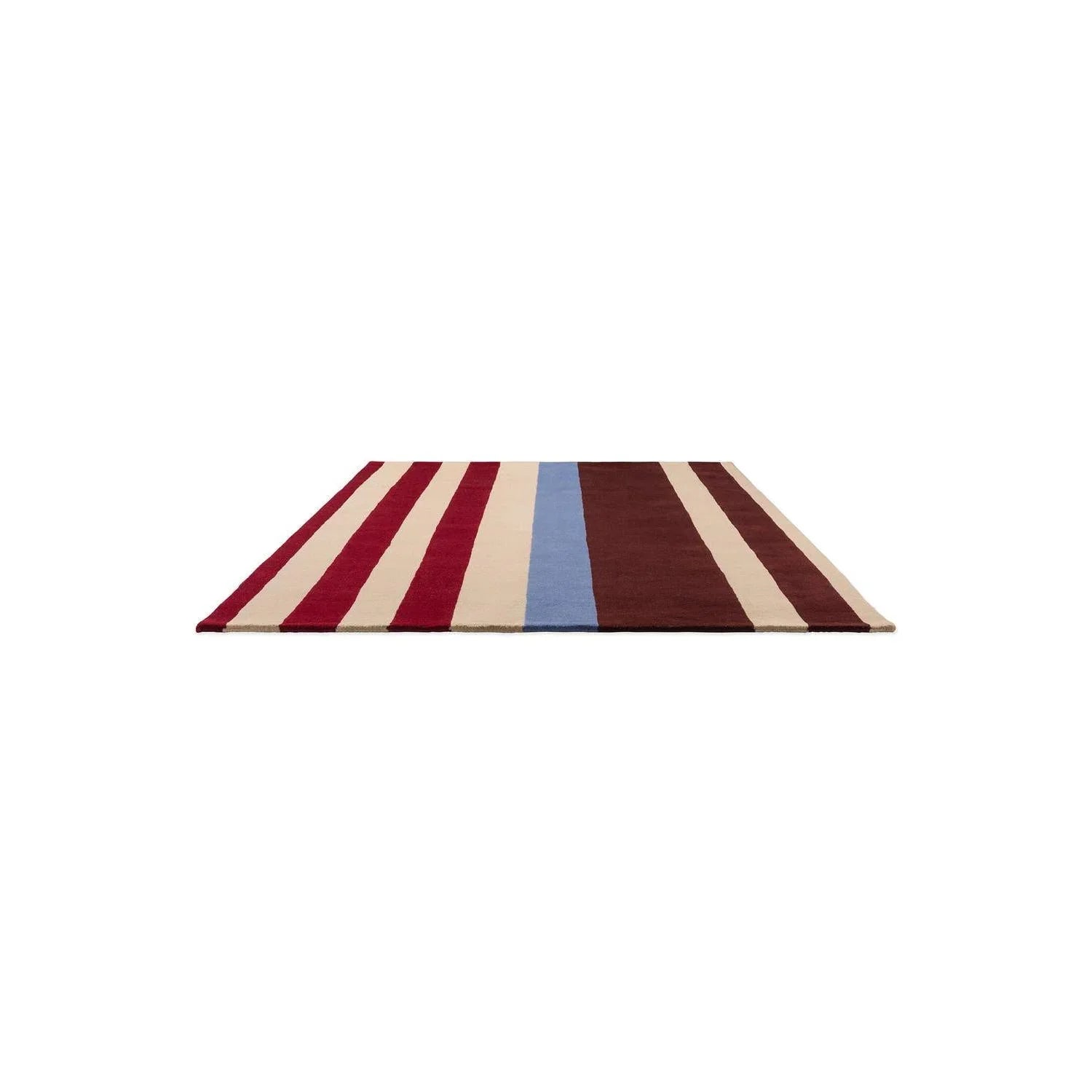 Marimekko Ralli Burnt Orange rug featuring bold striped pattern in red, cream, beige, light blue and brown on cream background, hand-tufted wool