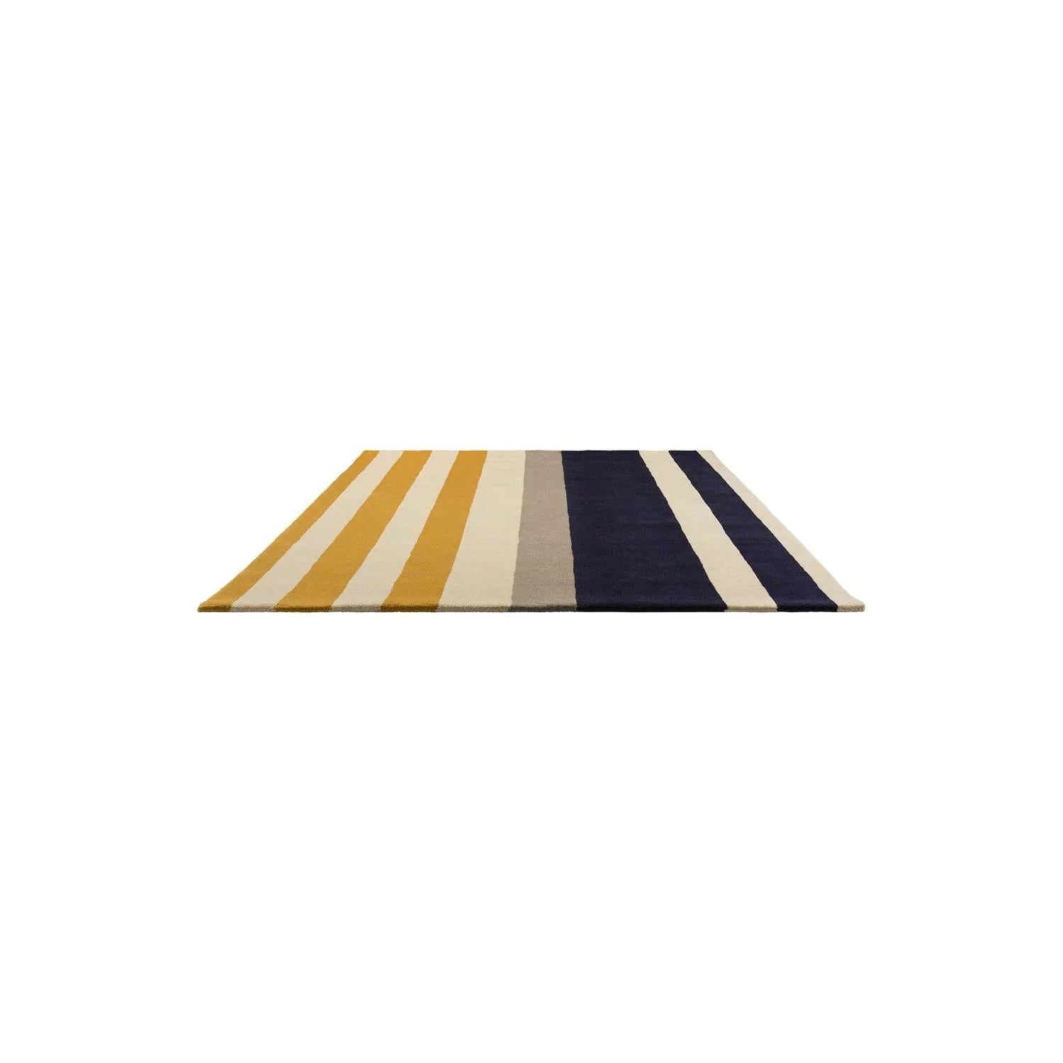 Marimekko Ralli Yellow Rug featuring striped pattern in yellow, cream, beige, grey and navy on white background, hand-tufted wool