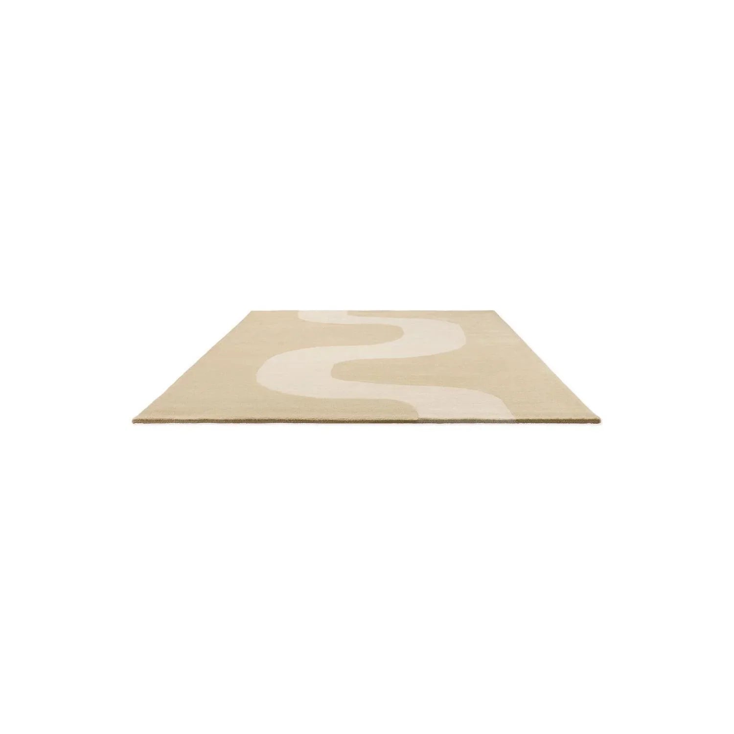 Marimekko Seireeni Warm Beige Designer Rug featuring abstract wave pattern in beige and cream on white background, hand-tufted wool