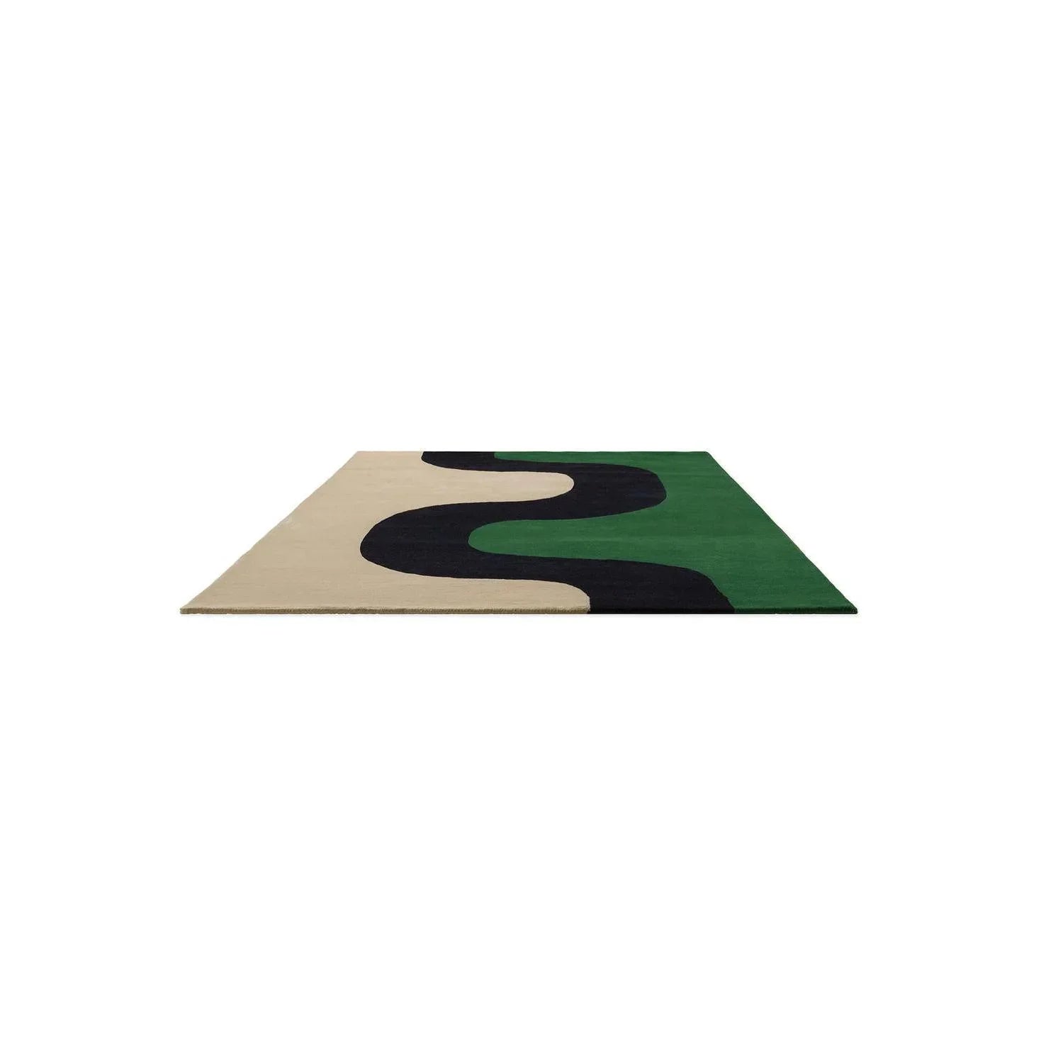 Marimekko Seireeni Green Designer Rug featuring abstract wavy pattern in beige, black and emerald on cream background, hand-tufted wool