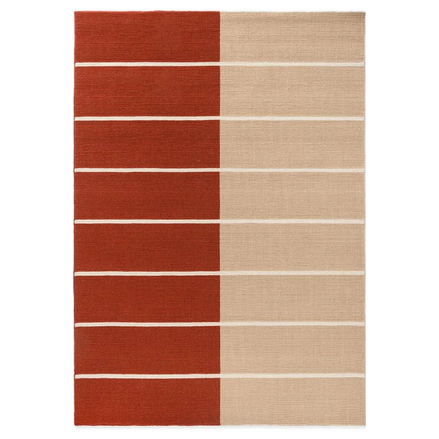 Marimekko Tiibet Burnt Orange Rug featuring geometric block stripes in burnt orange, beige and white on light cream background, hand-tufted wool
