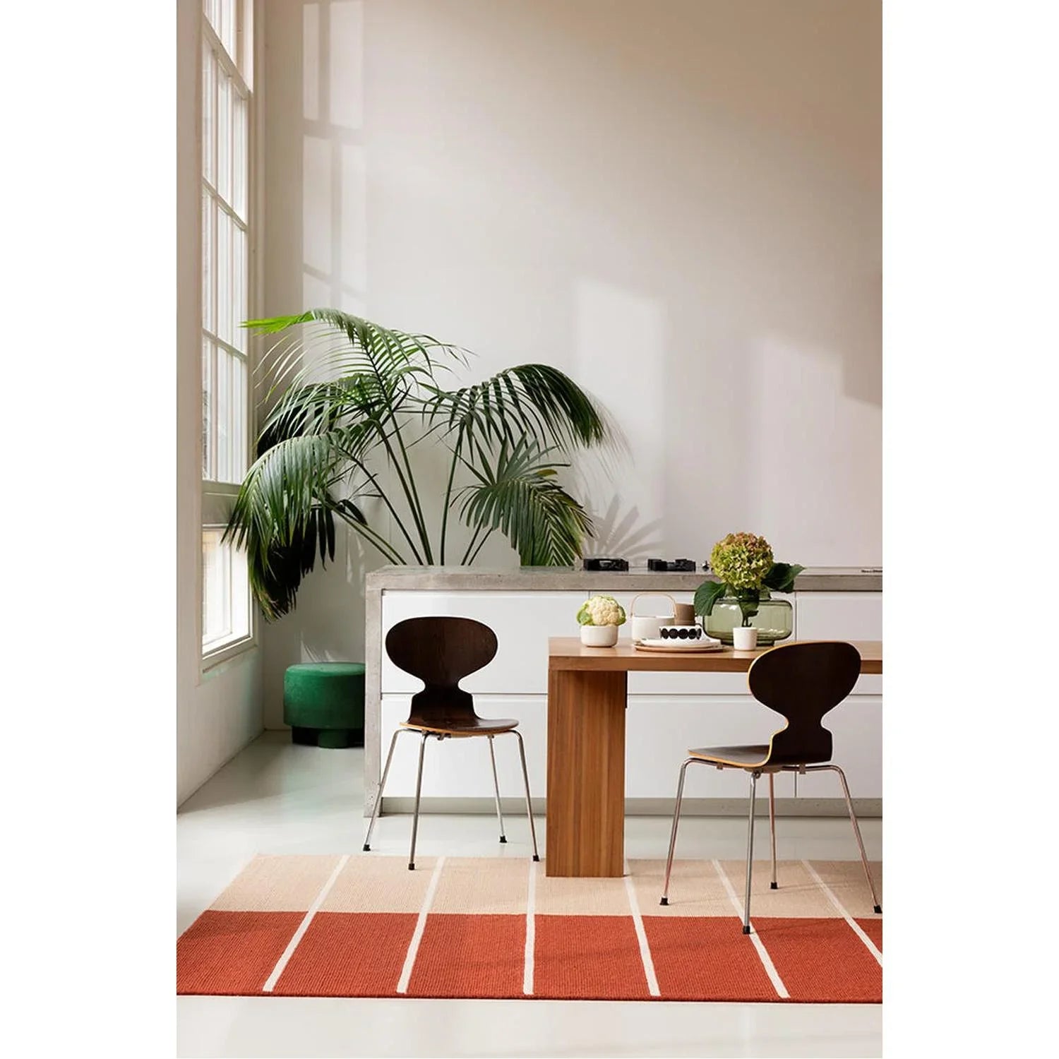 Marimekko Tiibet Burnt Orange Rug featuring geometric stripe pattern in burnt orange, cream and beige on cream background, hand-tufted wool