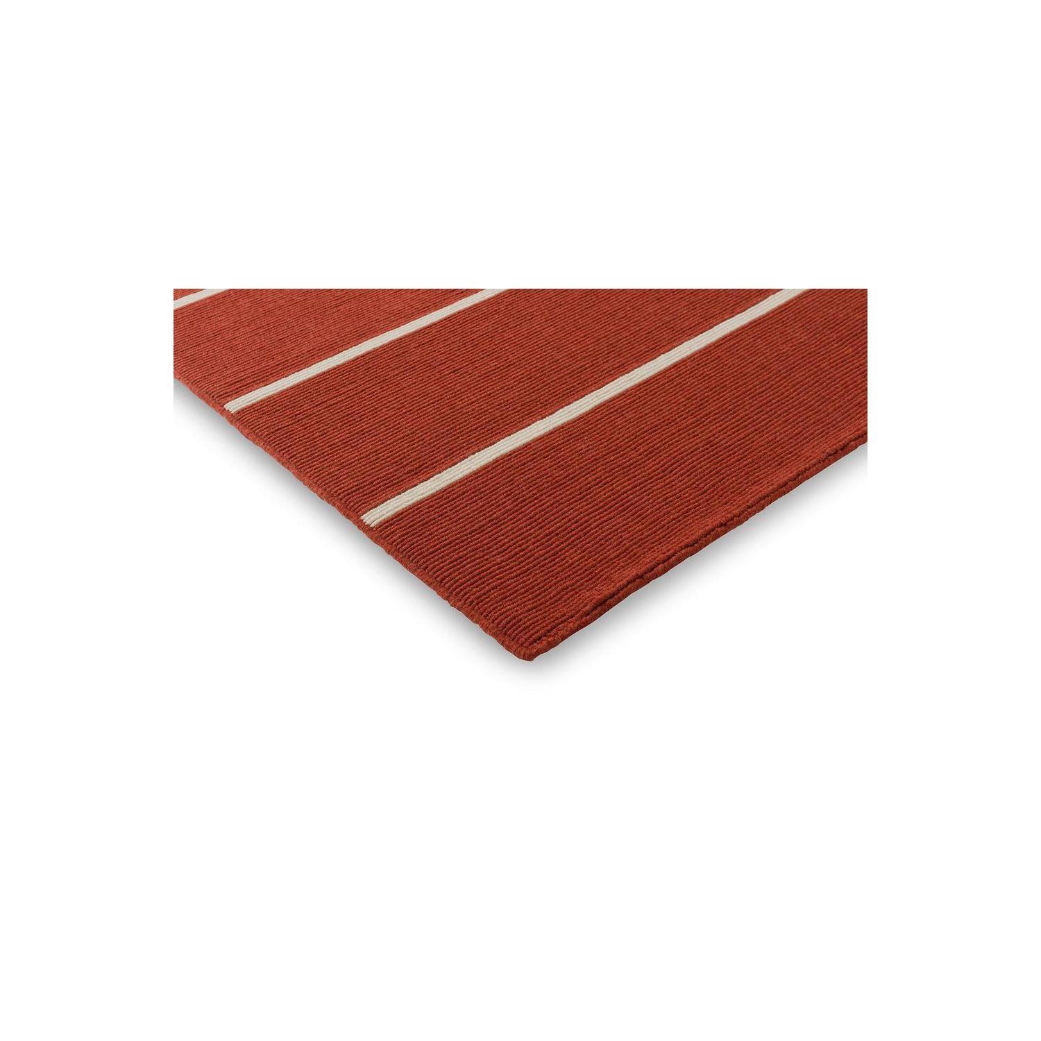 Marimekko Tiibet Burnt Orange Rug featuring striped pattern in burnt orange and ivory on white background, hand-tufted wool