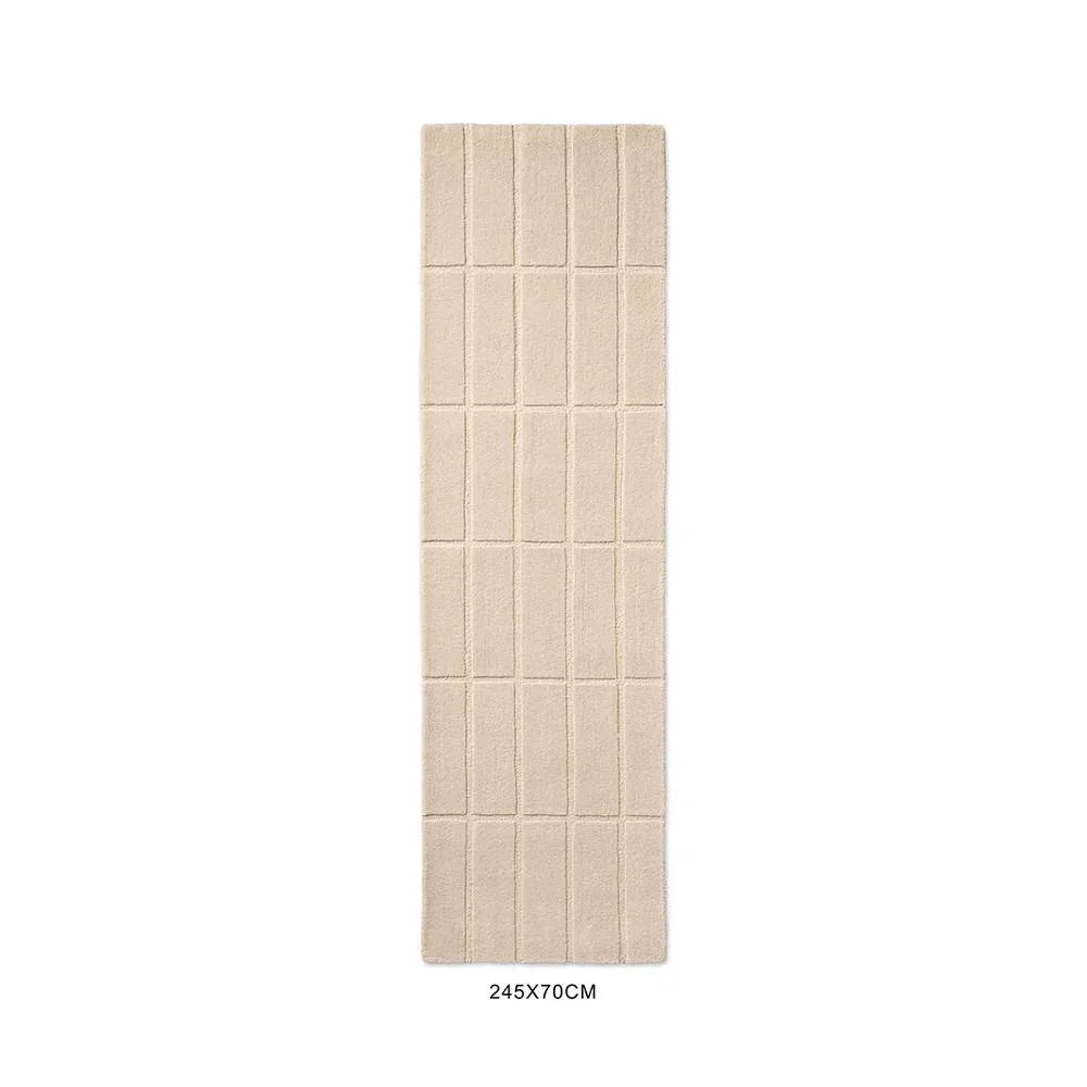 Marimekko Tiiliskivi Natural White runner rug with grid tile pattern in beige and taupe on white, machine-woven cotton