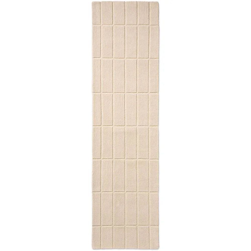 Marimekko Tiiliskivi Runner Rug featuring grid-block pattern in cream, beige on white background, machine-woven wool