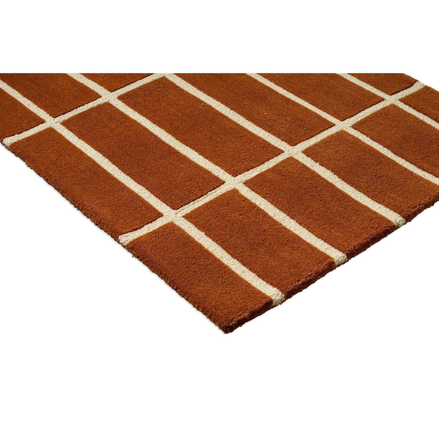 Marimekko Tiiliskivi Brown 132905 Runner Rug featuring grid pattern rust brown and cream on white background, tufted wool