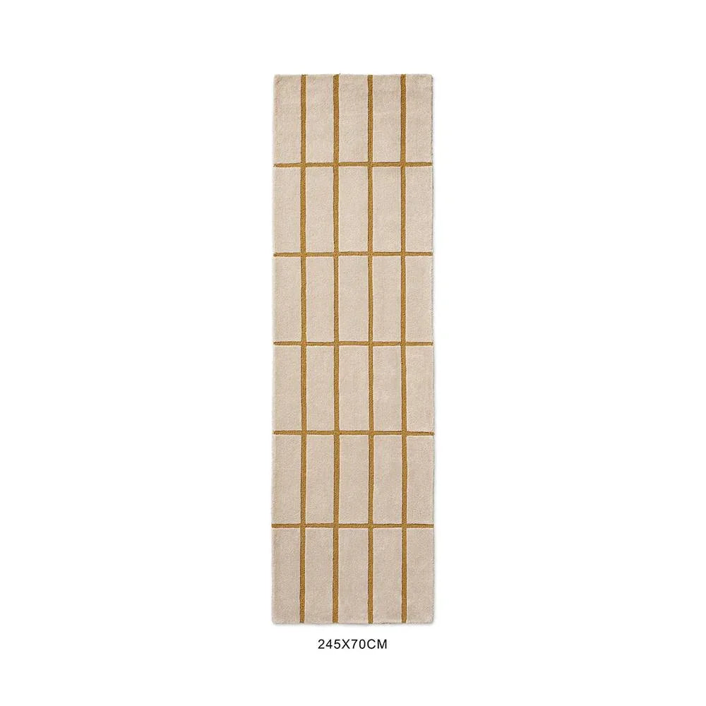 Marimekko Tiiliskivi Bronze Yellow 132906 Runner Rug featuring grid in bronze & gold on cream background hand-tufted wool