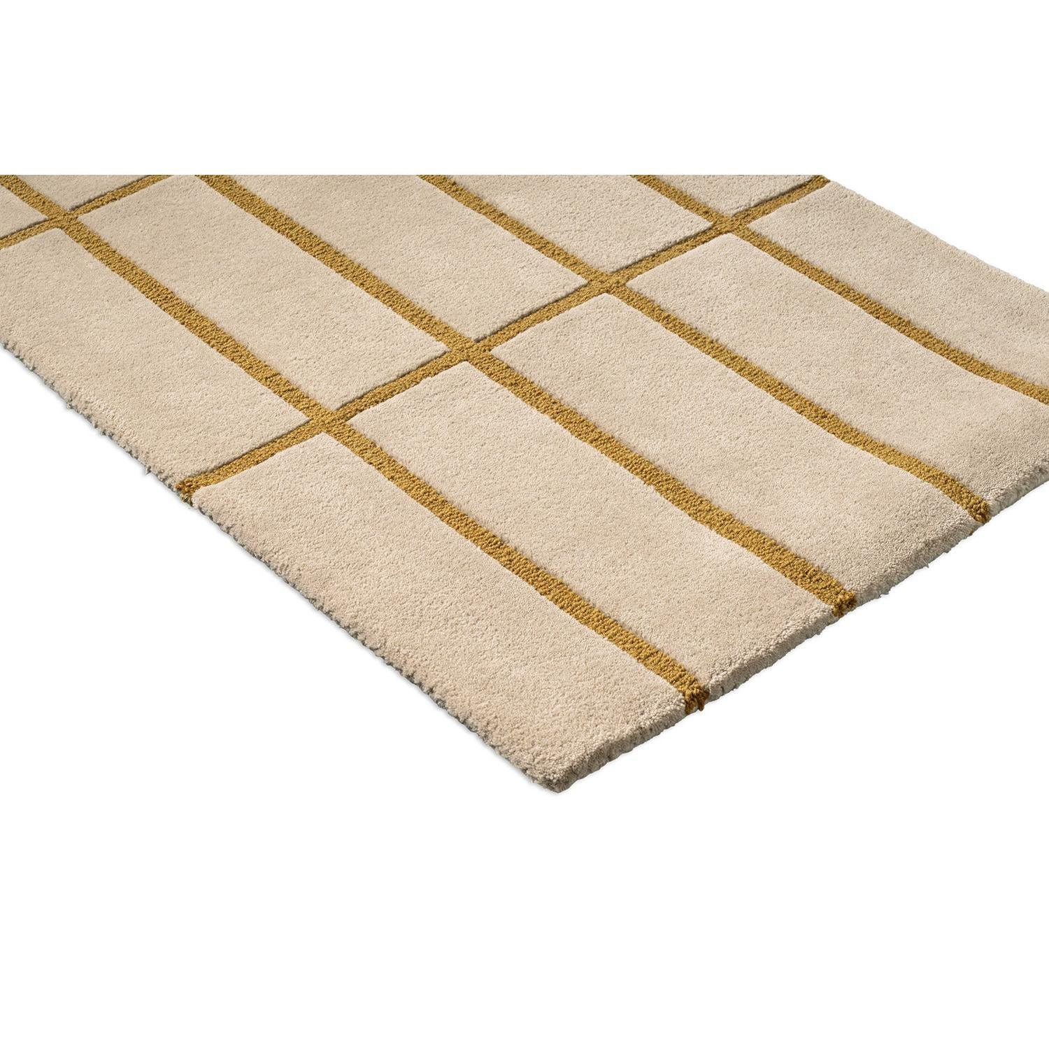 Marimekko Tiiliskivi Bronze Yellow Runner Rug with bronze-yellow grid on cream background, hand-tufted wool