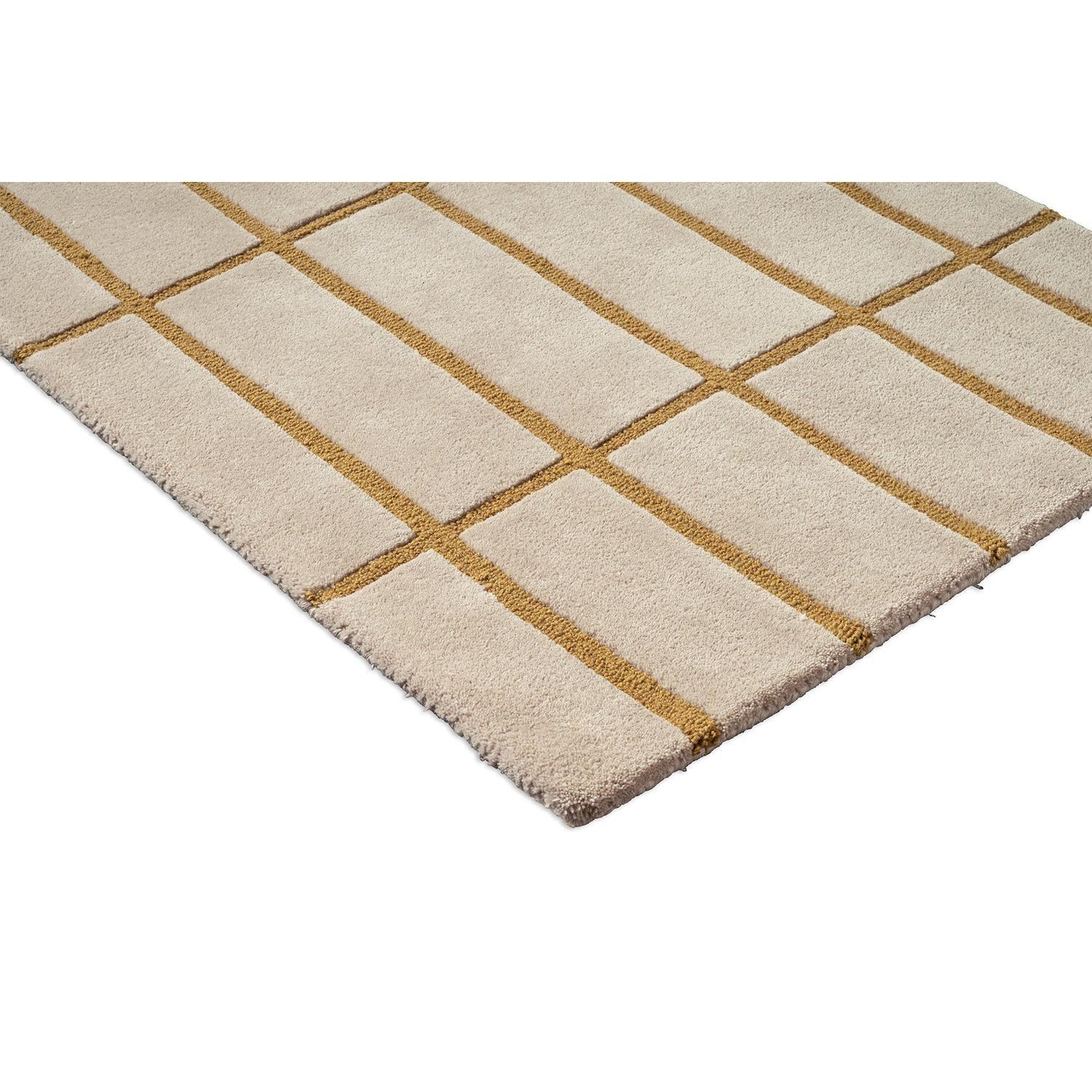 Marimekko Tiiliskivi Bronze Yellow Runner Rug with grid in bronze yellow on cream/beige background, hand-tufted wool