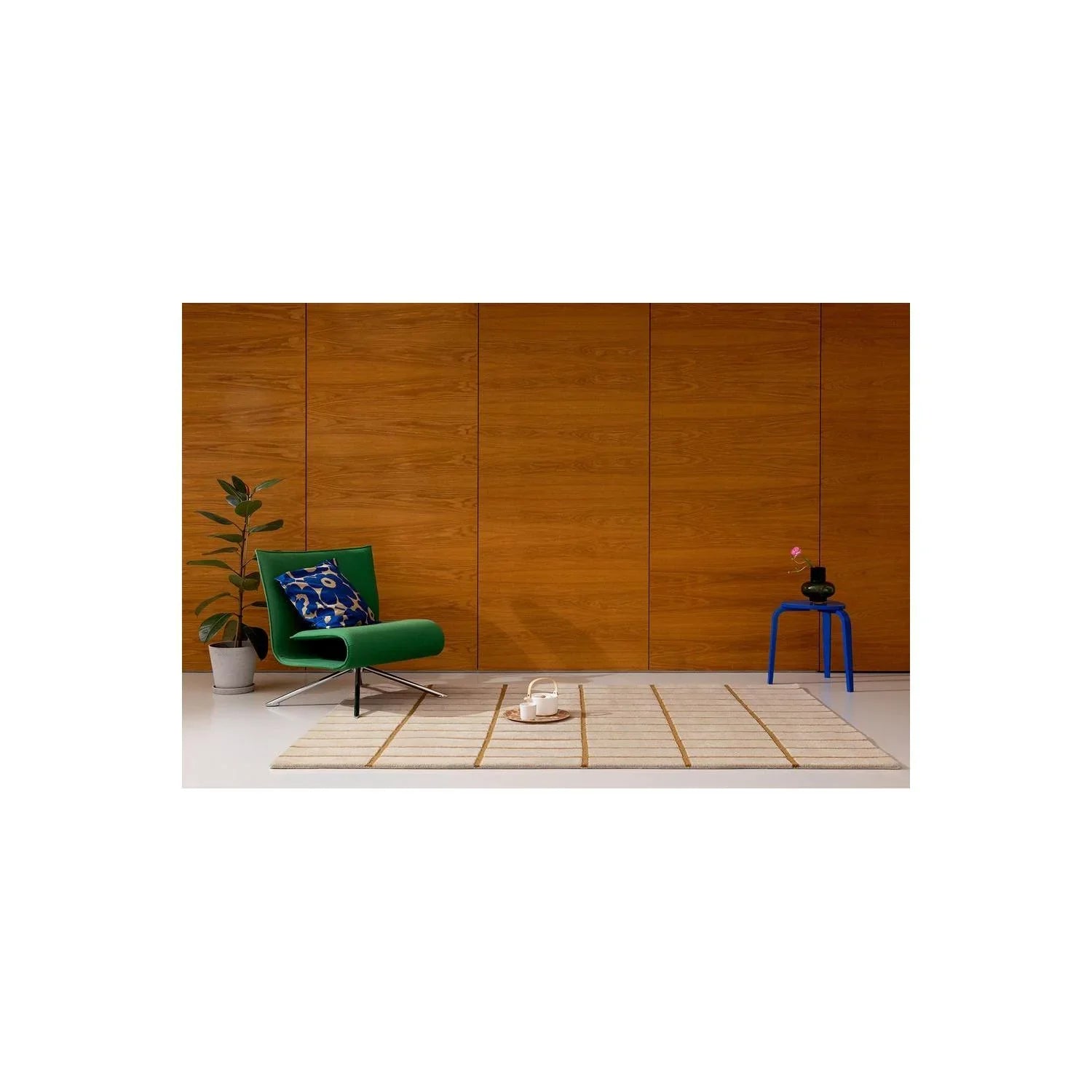 Marimekko Tiiliskivi Bronze Yellow rug featuring tile/grid pattern in bronze-yellow and cream on light beige background, hand-tufted wool