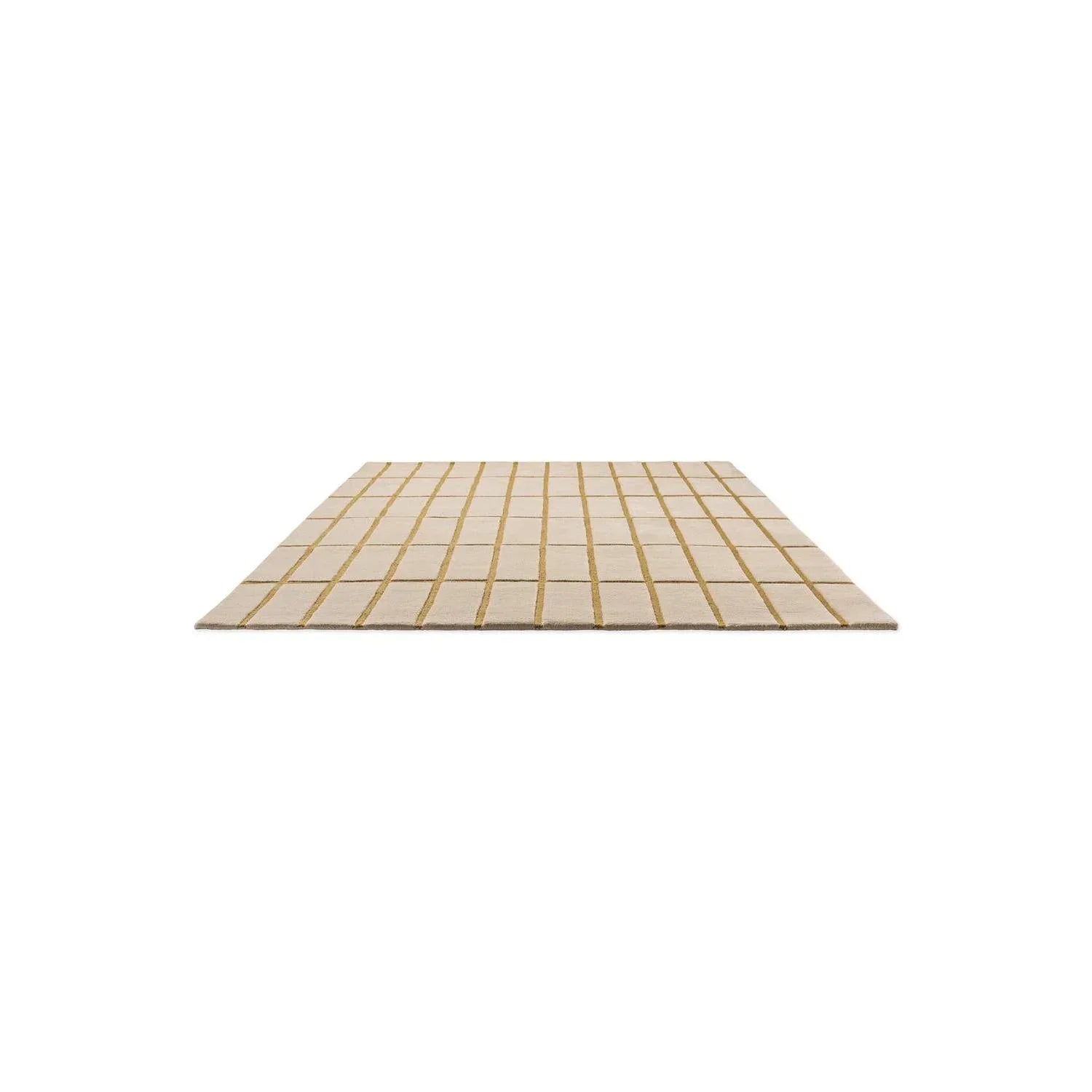 Marimekko Tiiliskivi Bronze Yellow Designer Rug featuring grid pattern in bronze-yellow lines on cream beige background, hand-tufted wool