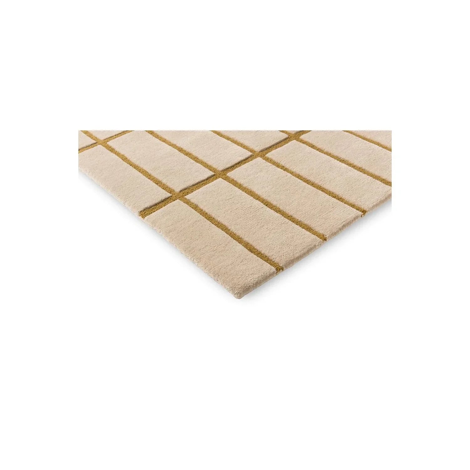 Marimekko Tiiliskivi Bronze Yellow Designer Rug featuring a bronze grid on cream/beige background, hand-tufted wool