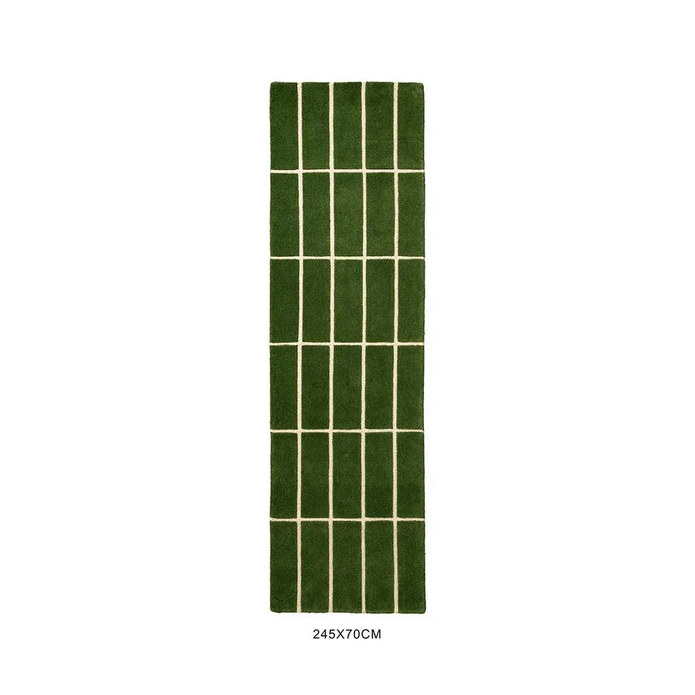 Marimekko Tiiliskivi Green 132907 Runner Rug featuring grid in dark green/cream on white, machine-made polypropylene