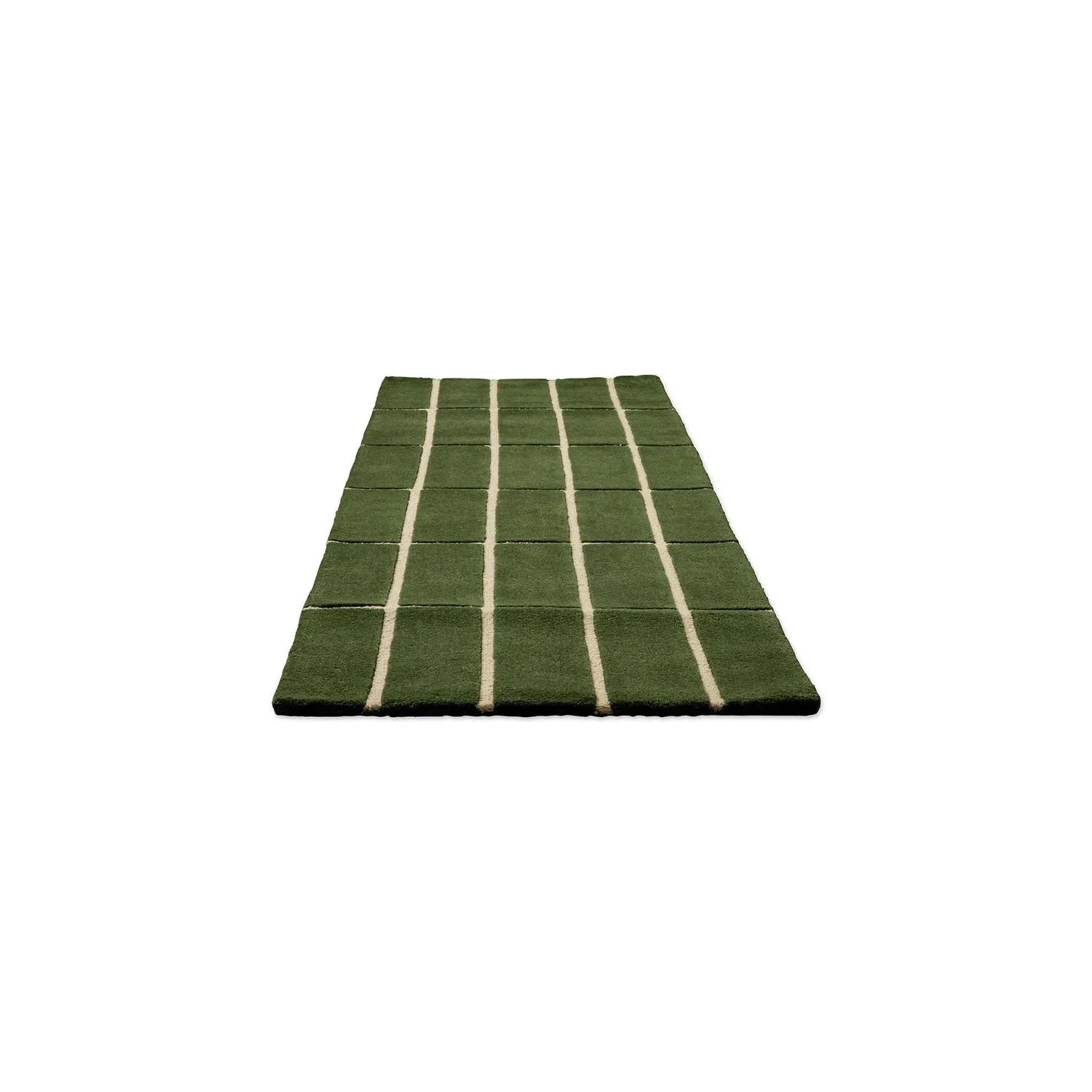 Marimekko Tiiliskivi Green Runner Rug featuring grid stripe in olive green and cream on dark green, hand-tufted wool